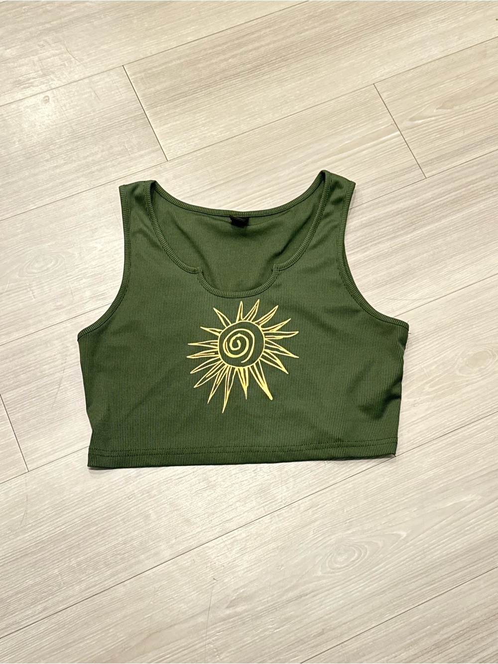 Olive Green Crop Tank with Yellow Sun Graphic
